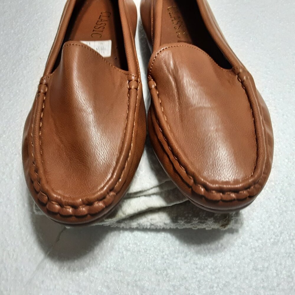 SHOES - ladies Brown leather slip on with low heel. New shoes and size 11.